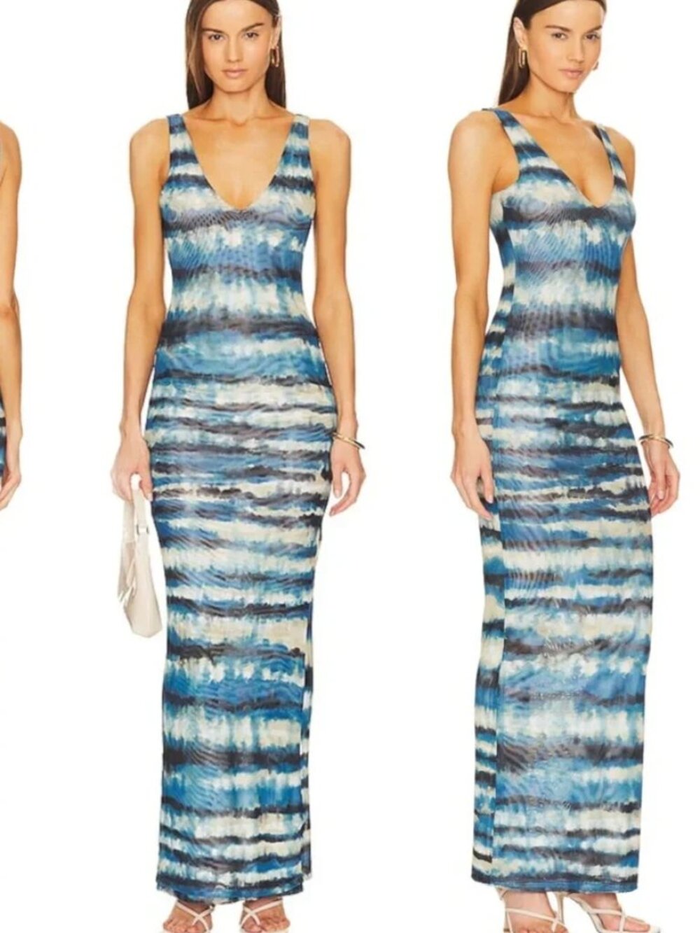 Ronny KOBO Rozio Maxi Dress Blue Tye Dye Mesh Slip sundress Summer Party bodycon